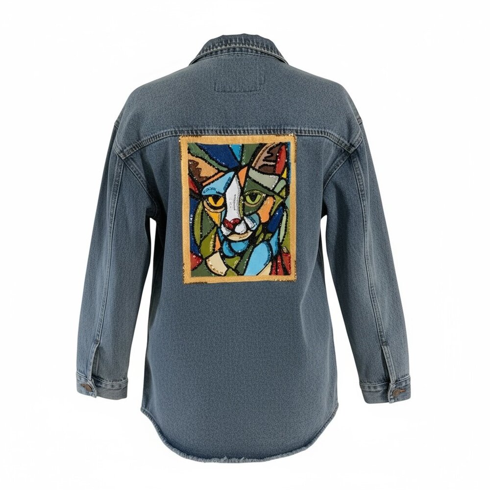 Hand Painted One Of A Kind, Bedazzled, Up-Cycled Denim Jacket Geometric Cat Face - Picture 4 of 11
